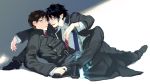  ao_no_exorcist black_hair blue_eyes brothers fire glasses male multiple_boys necktie noako okumura_rin okumura_yukio pointy_ears school_uniform short_hair siblings striped striped_necktie tail 