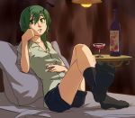  amayadori-tei antennae bed black_legwear bottle chin_rest crossed_legs feet glass green_eyes green_hair kneehighs looking_at_viewer no_shoes parted_lips pillow short_hair shorts sitting sitting_on_bed soles solo teenage toes touhou wriggle_nightbug 