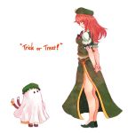  arms_behind_back braid cat_tail chen child english ghost_costume hat hong_meiling long_hair multiple_girls multiple_tails red_hair redhead ribbon side_slit solo standing star tail tail_ribbon terajin touhou trick_or_treat twin_braids white_background 