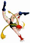  90s ahoge artist_request bare_shoulders beret braid cammy_white camouflage combat_boots elbow_gloves fingerless_gloves gloves handstand hat huge_ahoge leotard long_hair low-tied_long_hair muscle official_art solo street_fighter street_fighter_ii thong_leotard twin_braids upside-down 