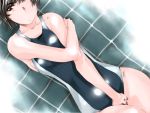 amagami between_legs black_eyes black_hair blush breasts competition_swimsuit crossed_arms large_breasts looking_at_viewer lying mike156 on_back one-piece_swimsuit ponytail short_hair solo swimsuit tsukahara_hibiki wink 