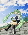  grass green_hair happy hatsune_miku ryoun sitting smile spring_onion twintails vocaloid wall 