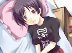  black_hair chuunibyou_demo_koi_ga_shitai! closed_eyes clothes_writing eyes_closed lying mister_(black_and_white) on_side pillow red_eyes short_hair solo t-shirt tsuyuri_kumin 