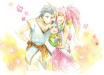  1girl arche_klein baby blue_eyes blue_hair carrying chester_barklight couple fingerless_gloves gloves good_end happy if_they_mated k-mame long_hair pink_hair ponytail purple_eyes smile tales_of_(series) tales_of_phantasia violet_eyes 