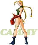  90s ahoge beret blonde_hair blue_eyes braid cammy_white combat_boots elbow_gloves fingerless_gloves gloves hat hat_removed headwear_removed huge_ahoge leotard long_hair murase_shuko official_art scar solo street_fighter street_fighter_ii thong_leotard twin_braids v 