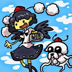  adventure_time animal_ears black_wings camera cindysuke dog finn hat inubashiri_momiji jake lowres open_mouth parody shameimaru_aya simple_background skirt style_parody touhou wings wolf_ears 