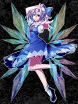  blue_eyes blue_hair bow cirno dress fairy hair_bow hanpen_(hannpenn2) highres ice ice_wings looking_at_viewer puffy_sleeves ribbon short_hair short_sleeves smile solo touhou wings 