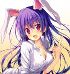  :d animal_ears blush breasts bunny_ears cleavage collarbone dress_shirt fang gradient gradient_background long_hair looking_at_viewer open_mouth purple_hair rabbit_ears red_eyes reia reisen_udongein_inaba shirt sleeves_rolled_up smile solo touhou white_shirt 