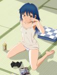  absurdres barefoot blue_hair blush highres long_hair original panah panties sitting solo underwear wariza 