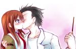  1girl black_hair blue_eyes blush brown_hair holding kiss long_hair makise_kurisu necktie okabe_rintarou pocky rough sen_(astronomy) shirt steins;gate white_shirt 