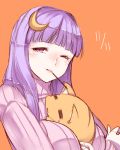  =_= blush breasts cat crescent dated hug kurokuro kuzuneko long_hair looking_at_viewer mouth_hold orange_background patchouli_knowledge pocky pocky_day purple_eyes purple_hair ribbed_sweater smile solo sweater touhou turtleneck turtleneck_sweater violet_eyes wink 