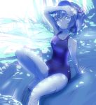 blue_eyes blue_hair breasts hair_bobbles hair_ornament hat ishikkoro kawashiro_nitori rock school_swimsuit short_hair sitting solo swimsuit touhou twintails water wink 