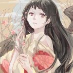  bare_shoulders black_hair black_wings branch flower hair_ornament japanese_clothes kimono kyer long_hair original red_eyes solo wings 