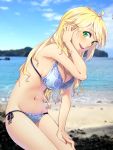  :d adjusting_hair ahoge beach bikini blonde_hair blue_bikini blush breasts cleavage green_eyes hoshii_miki idolmaster large_breasts long_hair looking_at_viewer maru_(sara_duke) mound_of_venus navel open_mouth photo_background side-tie_bikini sideboob smile solo swimsuit wet 