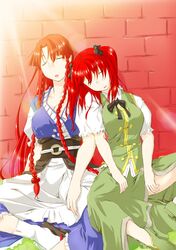  braid brick_wall chinese_clothes closed_eyes cosplay costume_switch dress eyes_closed hair_ornament highres hong_meiling hong_meiling_(cosplay) long_hair multiple_girls niwatazumi no_hat no_headwear onozuka_komachi onozuka_komachi_(cosplay) open_mouth red_hair redhead short_sleeves sleeping touhou twin_braids 