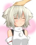  :o animal_ears bare_shoulders blush closed_eyes detached_sleeves eyes_closed face garasuita grey_hair inubashiri_momiji no_hat no_headwear petting short_hair simple_background solo touhou wolf_ears 