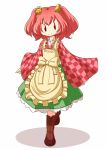  apron bell boots character_name clothes_writing cross-laced_footwear dress frills hair_bell hair_ornament highres jingle_bell lace-up_boots mazume motoori_kosuzu red_eyes red_hair redhead shadow smile solo touhou twintails |_| 