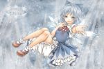  bloomers blue_eyes blue_hair bobby_socks bow cirno dress fairy hair_bow ice ice_wings looking_at_viewer mary_janes nail_polish nejimaki_oz open_mouth puffy_sleeves reaching ribbon shoes short_hair short_sleeves socks solo touhou wings 