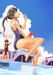  black_eyes black_hair brown_hair highres holding legs lifeguard long_hair multiple_girls naruse one-piece_swimsuit original outstretched_arm pocky ponytail pool poolside short_hair sitting sky swimsuit towel towel_around_neck water 