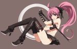  boots breasts choker cleavage covering covering_breasts fingerless_gloves gloves hair_ribbon high_heels highres legs long_hair original penguin_caee pink_hair pleated_skirt ponytail purple_eyes ribbon scabbard sheath shoes skirt smile solo sword thigh-highs thigh_boots thigh_strap thighhighs toples topless weapon 
