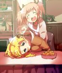  :d ^_^ blonde_hair blush blush_stickers chair closed_eyes commentary_request drill_hair eyes_closed food fruit gozaemon hair_ornament hair_ribbon holding kaname_madoka mahou_shoujo_madoka_magica multiple_girls open_mouth orange phone pink_hair prank ribbon smile table telephone_pole tomoe_mami twin_drills twintails yellow_eyes 