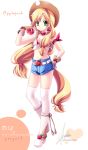  &gt;:) apple applejack blonde_hair boots breasts byruu character_name cowboy_boots cowboy_hat cowgirl fingerless_gloves food_themed_clothes fruit gloves green_eyes hat heart long_hair looking_at_viewer low-tied_long_hair midriff my_little_pony my_little_pony_friendship_is_magic personification ponytail short_shorts shorts signature socks solo tail thighhighs tied_shirt very_long_hair watermark web_address white_legwear 