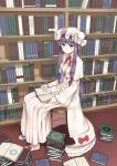  blush book bookshelf bow capelet chair crescent dress hat highres holding holding_book kamata_yuuya library long_hair looking_at_viewer open_book patchouli_knowledge purple_eyes purple_hair sitting solo too_many_books touhou violet_eyes voile 