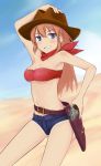  armpits bandeau belt blue_eyes breasts buckle charlotte_e_yeager cleavage cowboy_hat crop_top cutoffs denim denim_shorts grin gun hat holster long_hair orange_hair rasielcochma revolver scarf shorts smile solo strike_witches weapon western 