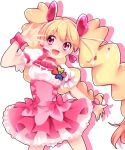  blonde_hair choker corset cure_peach dress fresh_precure! hair_ornament hairpin highres long_hair magical_girl momozono_love pink_dress pink_eyes precure skirt smile solo twintails uzuki_aki white_background wrist_cuffs 