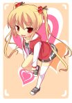  :d blonde_hair blush collarbone fang hair_bobbles hair_ornament heart highres hooded_jacket leg_up long_hair masaki_(machisora) open_mouth original parka red_eyes shoes skirt smile sneakers solo thigh-highs thighhighs twintails white_legwear 