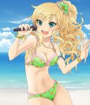  beach bikini blonde_hair blue_eyes bracelet breasts cleavage hair_ornament idolmaster idolmaster_cinderella_girls jewelry long_hair microphone ocean ootsuki_yui side_ponytail solo swimsuit tayu_(yuntayu) water 