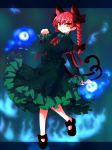  animal_ears bow braid braids cat_ears cat_tail dress extra_ears green_dress hair_bow hair_ornament hair_ribbon kaenbyou_rin kamome long_hair multiple_tails no_socks orange_eyes pointy_ears red_eyes red_hair redhead ribbon short_hair skull smile solo tail touhou twin_braids twintails 