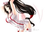  akali armpits arms_up black_hair breasts cleavage dated green_eyes hat league_of_legends long_hair mueacaty nurse nurse_cap ponytail signature solo thigh-highs thighhighs very_long_hair white_legwear 