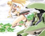  breasts giantess highres long_hair open_mouth original panah ponytail sandals sword weapon 
