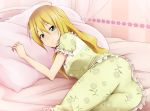  ass blonde_hair blush green_eyes hoshii_miki idolmaster kaiga long_hair lying on_side pajamas pillow smile solo 