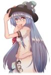  blue_hair cream_(nipakupa) eating food fruit hat hinanawi_tenshi holding long_hair peach pointing pointing_up simple_background smile solo touhou white_background 