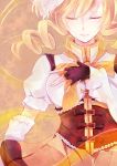  blonde_hair breasts buckle closed_eyes drill_hair elbow_gloves eyes_closed fingerless_gloves gloves magical_girl mahou_shoujo_madoka_magica skirt solo tomoe_mami twin_drills xyu05 