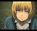  1boy anime_coloring armin_arlert blonde_hair blue_eyes highres letterboxed male official_style ryo_(0626kk) sad shingeki_no_kyojin solo tears wall 