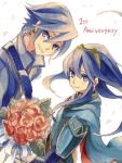  1boy 1girl azur_(fire_emblem) blue_eyes blue_hair bouquet cape earrings fire_emblem fire_emblem:_kakusei flower intelligent_systems jewelry long_hair love lucina nintendo ryolove short_hair smile 