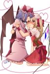  absurdres bad_feet barefoot bat_wings blonde_hair blue_hair blush flandre_scarlet hand_holding hat heart highres holding_hands long_hair multiple_girls red_eyes remilia_scarlet shinsei_(easycross1226) short_hair siblings side_ponytail sisters slit_pupils smile socks touhou wings yuri 