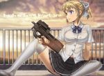  1girl blonde_hair blue_eyes bullpup gun highres itou_(onsoku_tassha) original p90 pleated_skirt school_uniform short_hair skirt solo submachine_gun sunset thigh-highs weapon white_legwear 