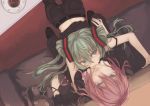  2girls blue_eyes couch doll from_above green_eyes green_hair hatsune_miku kyouya_(mukuro238) long_hair looking_at_viewer looking_up megurine_luka multiple_girls red_hair smile stuffed_animal stuffed_toy twintails vocaloid yuri 