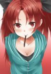  blush breasts cleavage collarbone gradient gradient_background heirou long_hair looking_at_viewer mahou_shoujo_madoka_magica mouth_hold pocky red_eyes red_hair redhead sakura_kyouko smile solo 