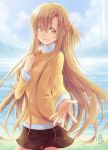  :d asuna_(sao) brown_eyes brown_hair foreshortening half_updo jewelry long_hair open_mouth outstretched_hand reaching ring signature skirt smile solo sweater sword_art_online umi111 