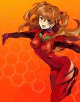  blue_eyes bodysuit fang hair_ornament hexagon highres kamaya long_hair neon_genesis_evangelion open_mouth orange_hair outstretched_arms plugsuit smile solo soryu_asuka_langley souryuu_asuka_langley spread_arms twintails 