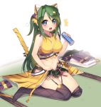  1girl animal_ears argyle argyle_legwear bare_shoulders bell blue_eyes breasts can cat_ears cat_tail garter_straps green_hair hair_ornament holding kashiwamochi_yomogi long_hair looking_at_viewer navel sengoku_collection sitting skirt sleeveless solo tail tail_bell takatora_todo_(sengoku_collection) thigh-highs thighhighs thighhighs_pull 