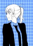  1girl blending blue formal melty_blood monochrome nagato123 necktie ponytail profile purple_eyes riesbyfe_stridberg solo suit tsukihime 