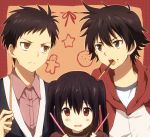  2boys black_hair brown_eyes brown_hair crossover fujisaki_yuusuke happy_birthday hoodie k-on! maruki_(punchiki) mouth_hold multiple_boys nakano_azusa pocky pocky_day sket_dance sweater tsubaki_sasuke 