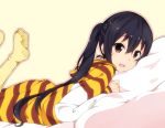  :d black_eyes black_hair blush brown_eyes feet hoodie k-on! legs_up long_hair lying nakano_azusa no_shoes on_stomach open_mouth outline pillow plus9 sleepwear smile solo striped thighhighs twintails yellow_legwear 