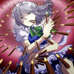  braid grey_eyes izayoi_sakuya maid maid_headdress pocky short_hair silver_eyes silver_hair smile solo t0kiwa touhou twin_braids 